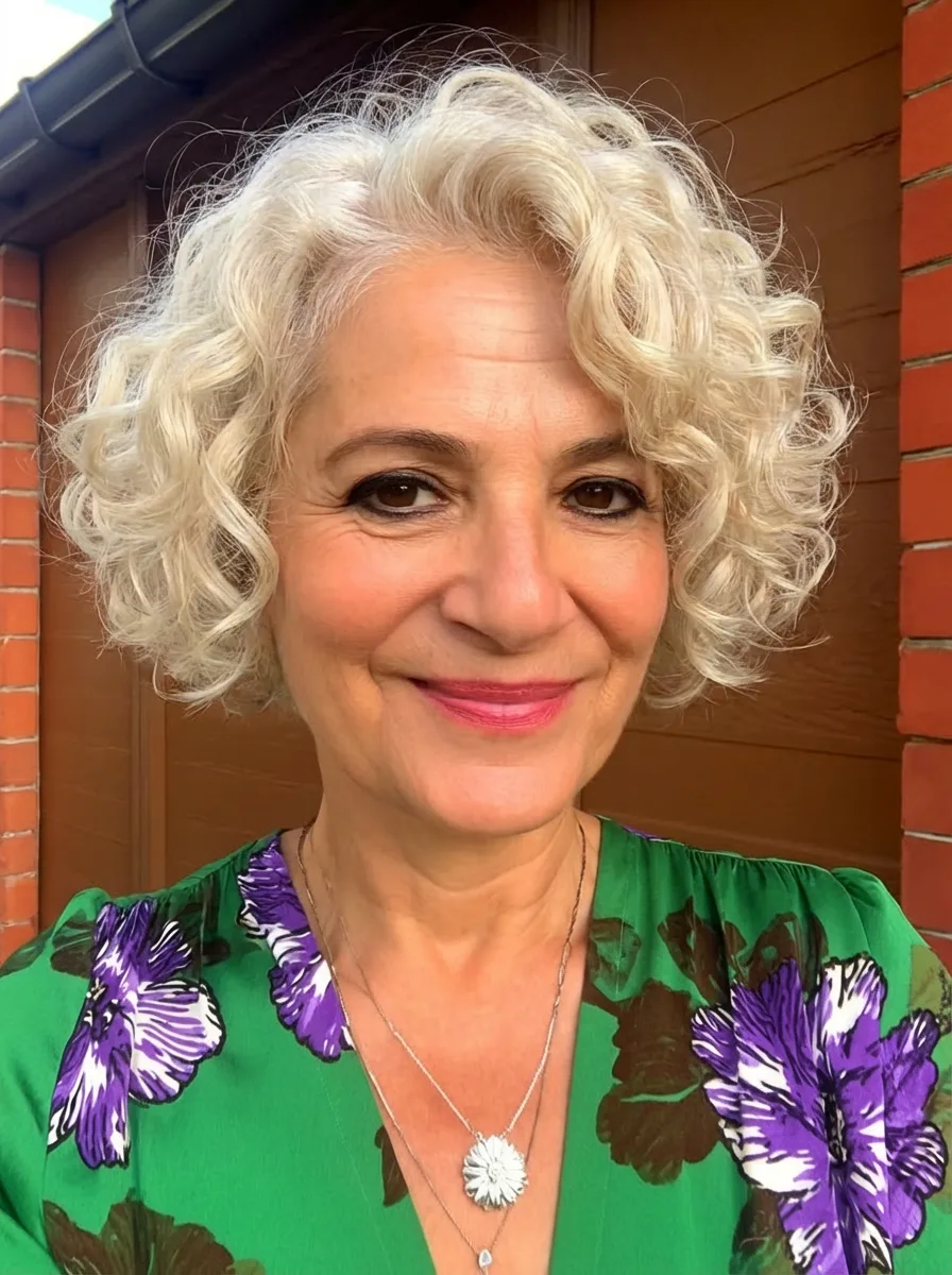 Curly Silver Frost Bob with Side-Swept Bangs